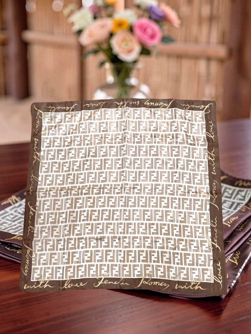 FENDI Zuca Mini Scarf/Bandana Silk 22.5" Beige Brown Logo FF Stiped (35 - Picture 5 of 13